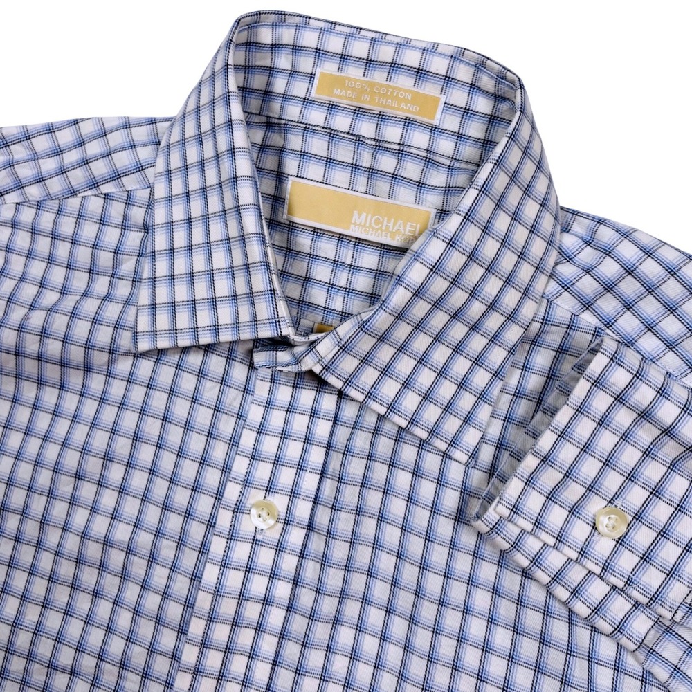 Michael Kors Dress Shirt Mens M 15.5 32/33 Blue White Plaid Harmony Long Sleeve